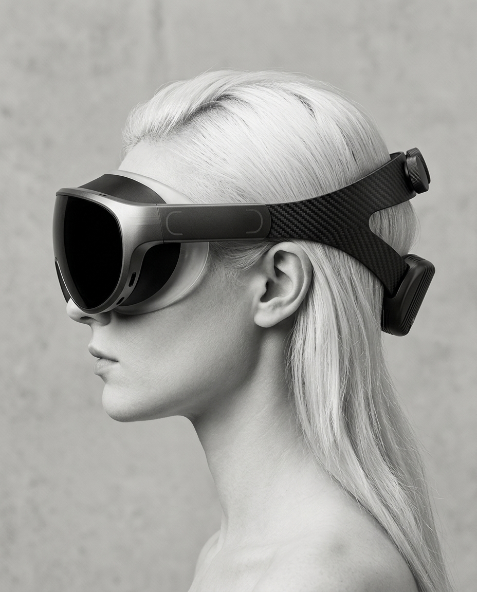 headset worn by model, profile